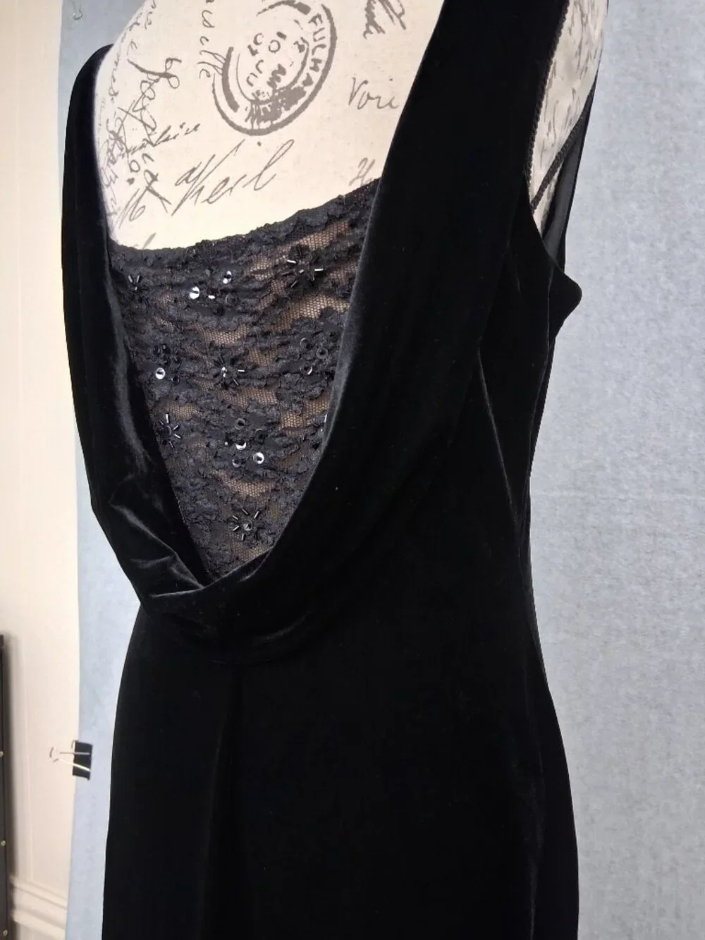 Vintage Black Velvet Maxi Dress Sleeveless Black Lace Sheer Back Classic Sz 12